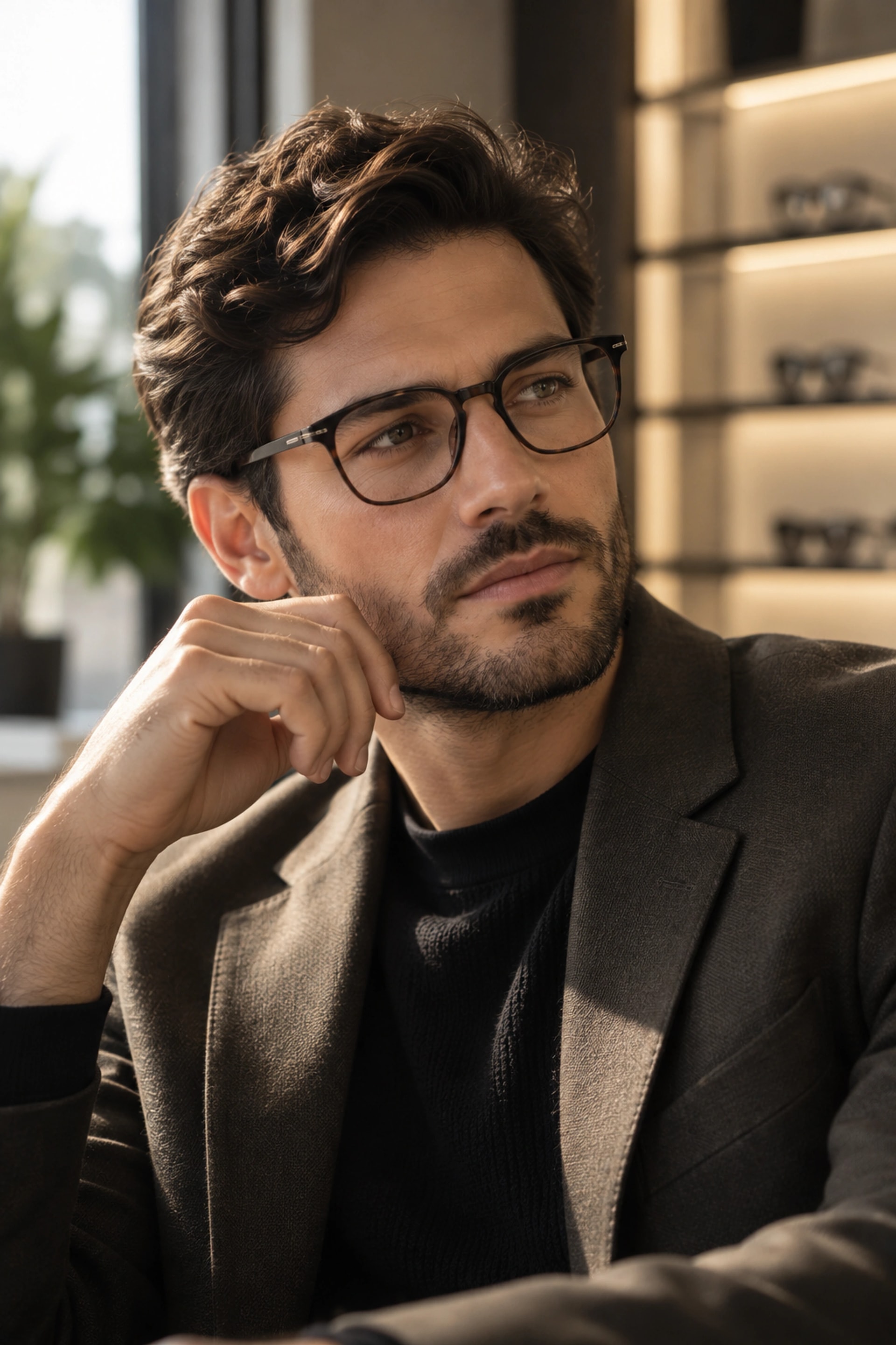 Persona con gafas, luz de tarde en la ciudad